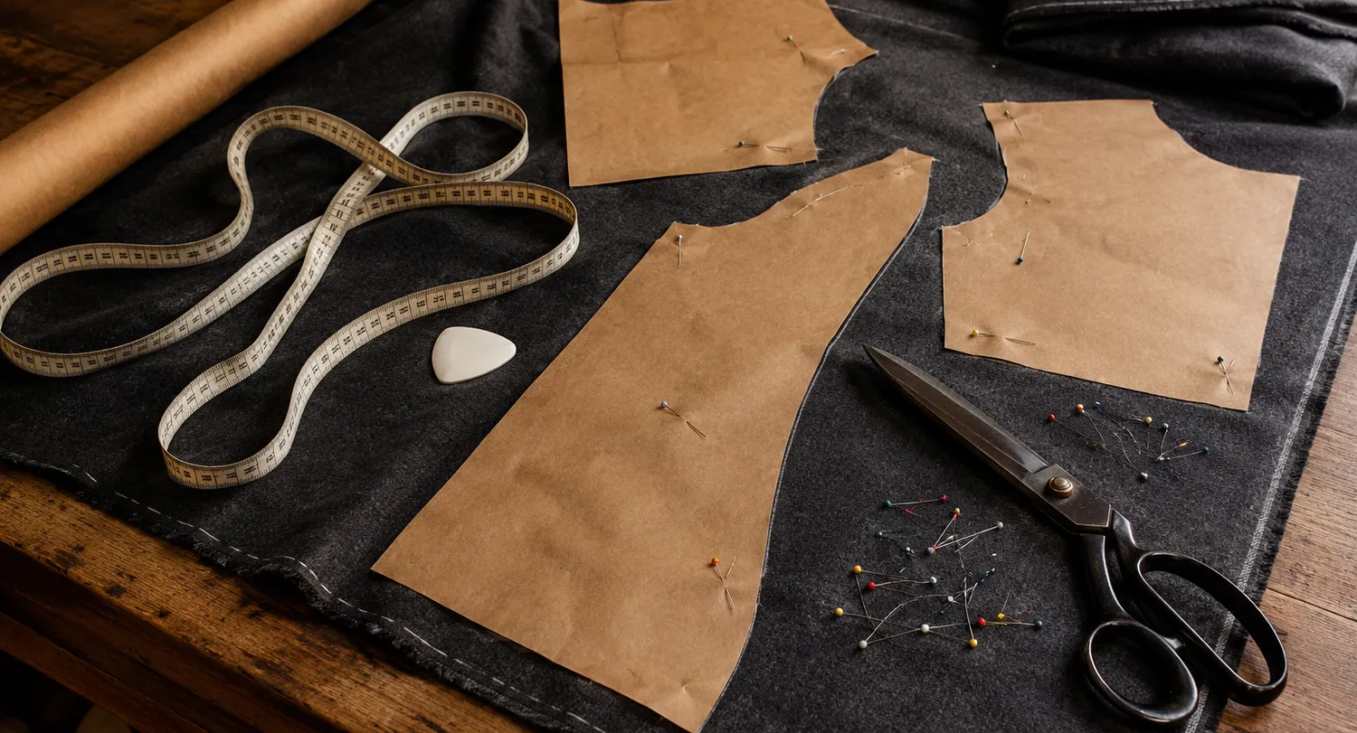 Patrones de papel prendidos con alfileres sobre un paño gris, con cinta métrica, tiza y tijeras en la mesa de corte