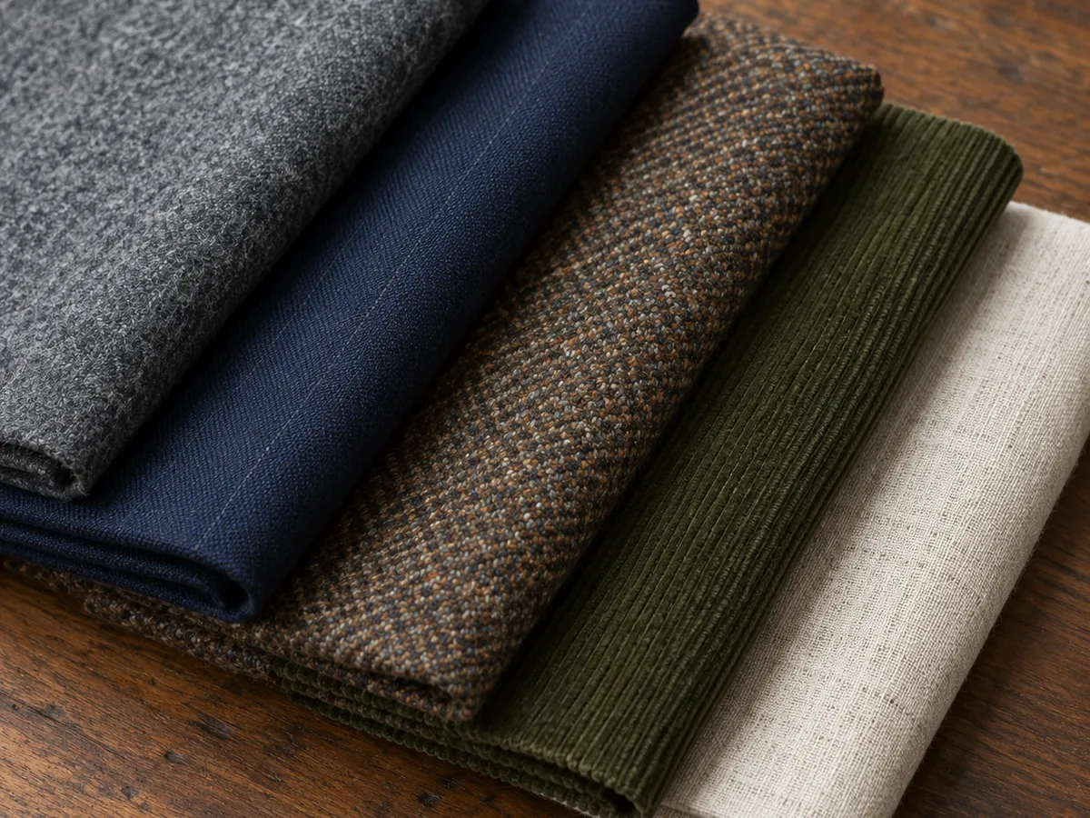 Cinco paños doblados sobre madera: franela gris, lana fría azul marino con raya, tweed marrón, pana verde y lino crudo