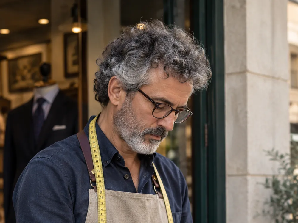Koldo Arrieta, sastre de Brenleston, con gafas y la cinta métrica al cuello en la puerta del taller de Gros